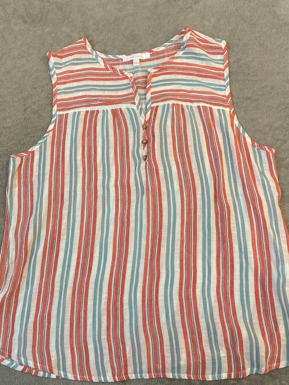 Striped Sleeveless Henley Camisole - Coral, Aqua & White